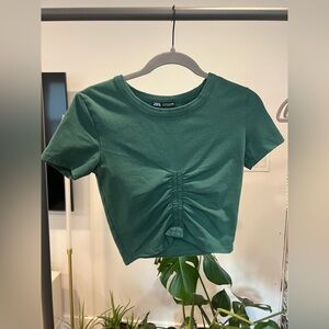 Women’s ZARA Emerald Green Ruched Crop Cotton Shirt